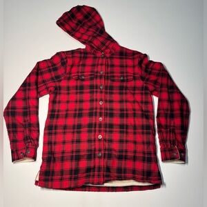 LL Bean Womens Sherpa Lined Flannel Button Down Hoodie Red Black Plaid Size XXS